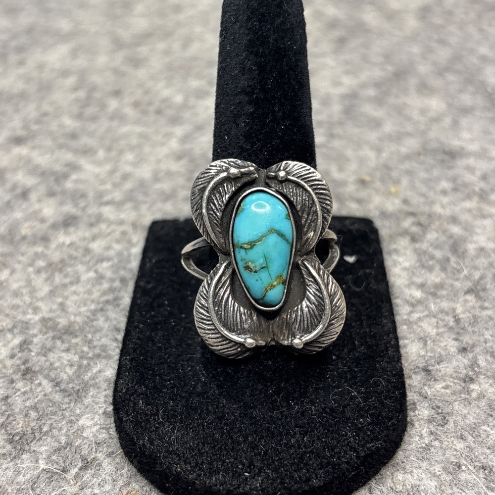 Southwestern Turquoise Ring Size 6 Silver Tone Feather Leaf Artisan Vintage